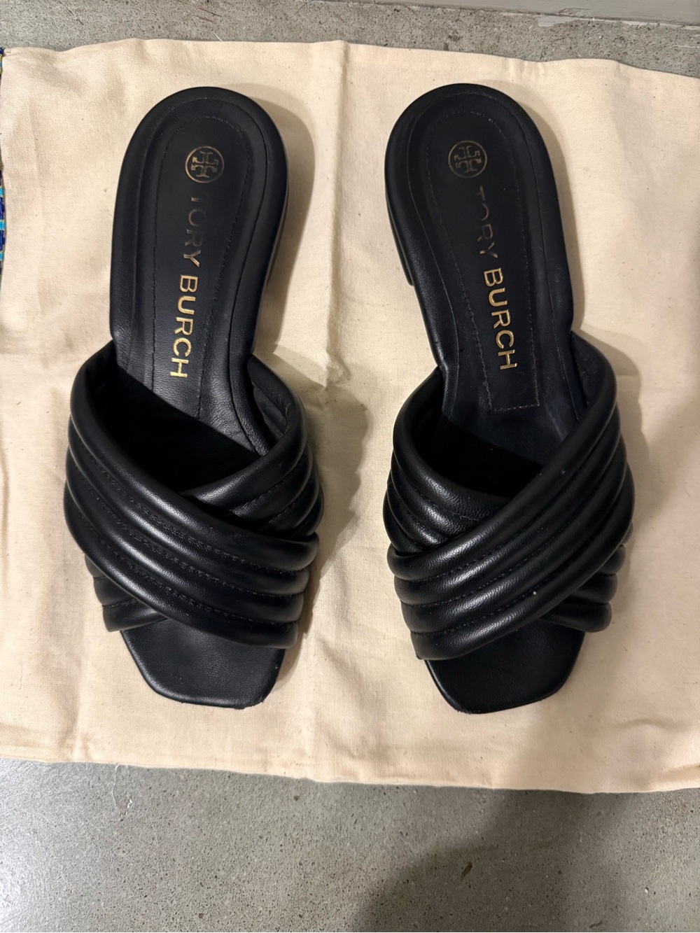 Tory Burch Black Padded Crossband Slide Mules - Picture 2 of 6